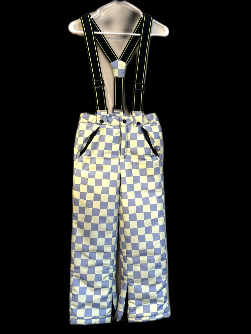 Zara Yellow and Purple Checkered Wide-Leg Snow pants with Black Suspenders
